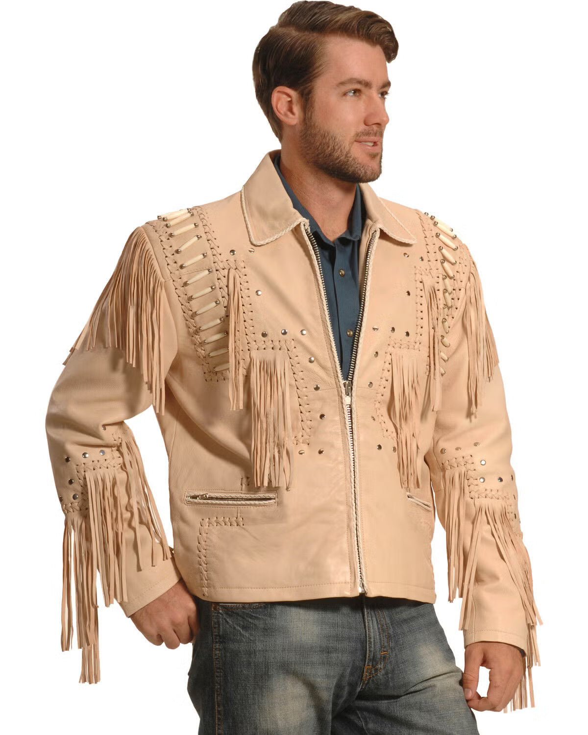 Men’s Fringed Leather Jacket – Western Studded & Beaded Cowboy Style