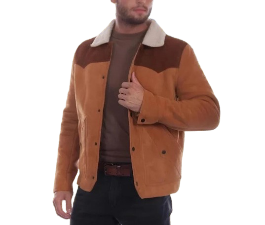 Men’s Brown Western Suede Jacket Faux Shearling Collar Cowboy Style Leather Coat UK