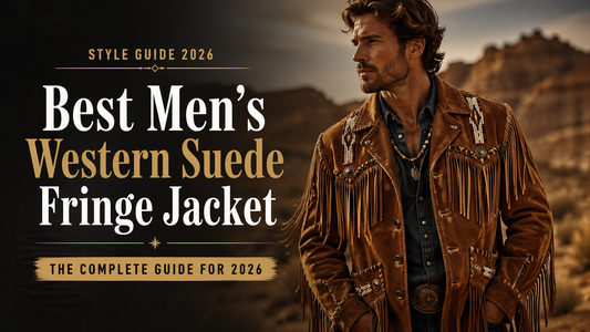 Best Men’s Western Suede Fringe Jacket,” and “The Complete Guide for 2026.” The overall tone is warm, premium, and styled like a high-end fashion magazine cover.