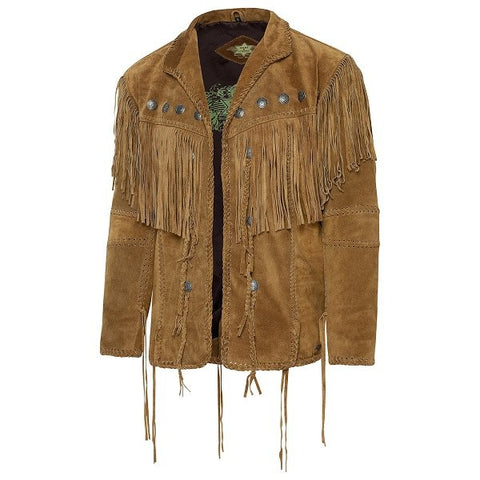 ILHAN LUXURY Men's Suede Fringe Jacket  Western Cowboy Coat with Concho Studs and Braided Trim