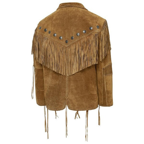 ILHAN LUXURY Men's Suede Fringe Jacket  Western Cowboy Coat with Concho Studs and Braided Trim