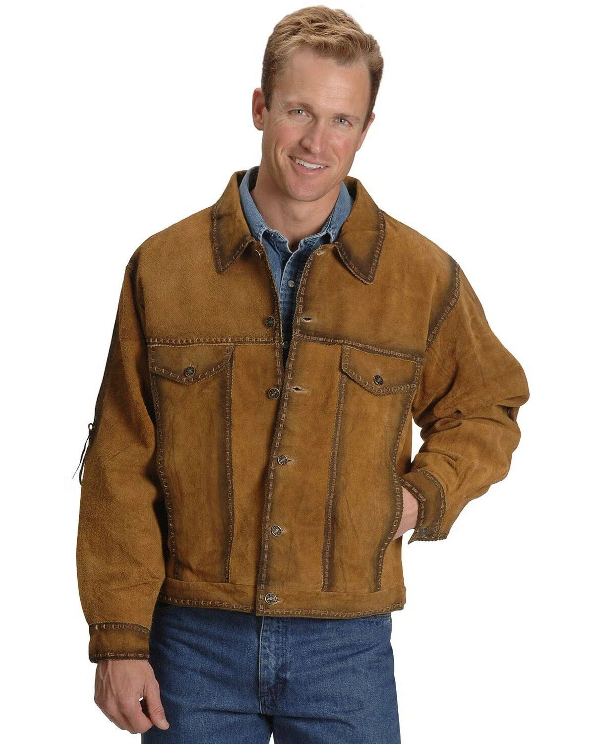 Mens Weathered Suede Jacket Western Concho Button Cowboy Leather Coat Vintage