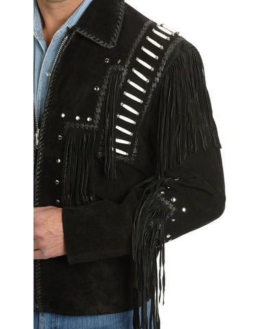 Mens Suede Fringe Jacket Western Bone Beaded Cowboy Zipper Leather Coat