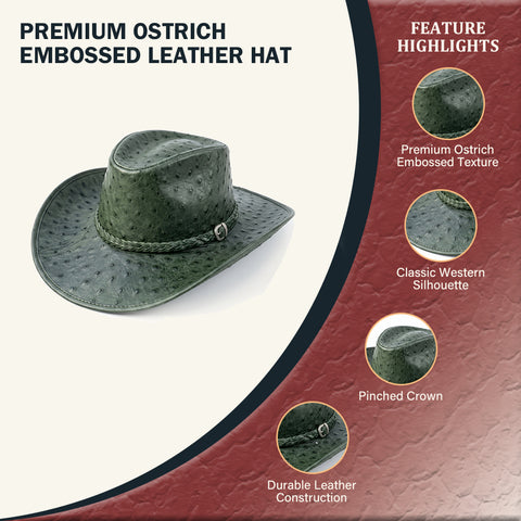 Green Ostrich Embossed Leather Cowboy Hat - Western Rodeo Wide Brim Hat