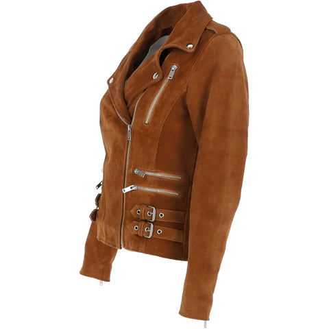 Brown Suede Biker Jacket for Women – Vintage Moto Style Leather Look Coat, Western Cowgirl Fall Outerwear with Zipper Details