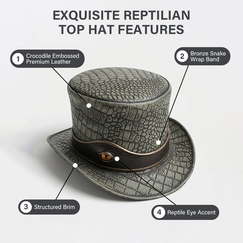 Premium Crocodile Embossed Leather Top Hat  Reptile Eye Steampunk Gothic Hat Unisex