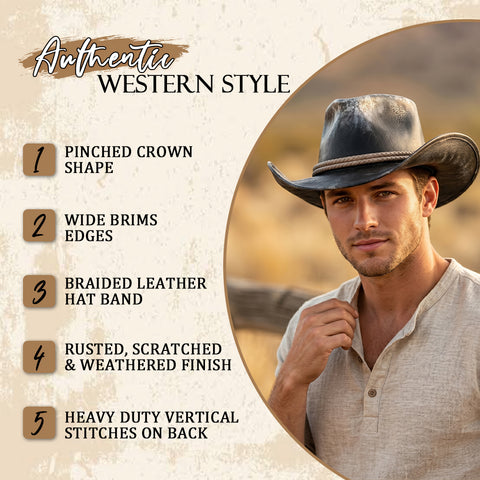 Premium Distressed Genuine Leather Cowboy Hat - Vintage Western Outlaw Gambler Hat Unisex