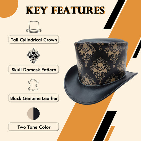 Mens Royal Skull Leather Top Hat Steampunk Gothic Engraved Damask Hat