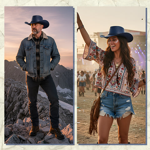 Blue Ostrich Embossed Leather Cowboy Hat Western Rodeo Ranch Wide Brim Country Festival Style Hat