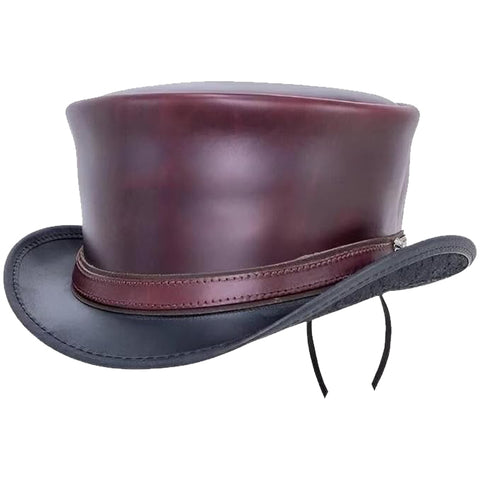 Maroon Black Leather Top Hat Steampunk Gothic Biker Handmade Cowhide Festival Cosplay Hat