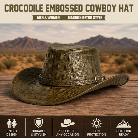 Crocodile Embossed Leather Cowboy Hat  Genuine Cowhide Retro Olive Green Western Outback Sun Hat with Silver Buckle for Men & Women