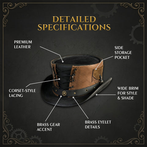 Handmade Black Brown Cowhide Top Hat Steampunk Gothic Corset Gear Rivet Festival Cosplay Unisex