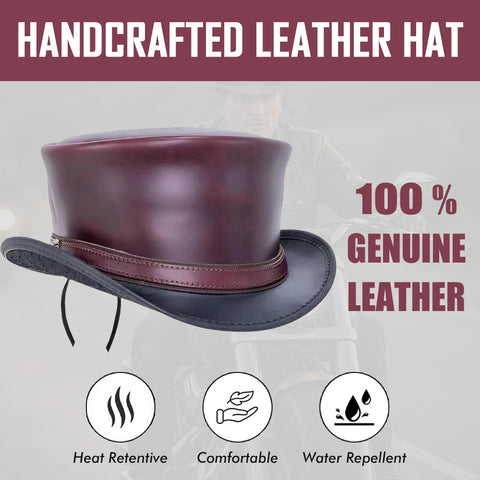 Handmade Maroon & Black Leather Top Hat Steampunk Gothic Leather Hat Gifts For Men Women Shapeable Brim