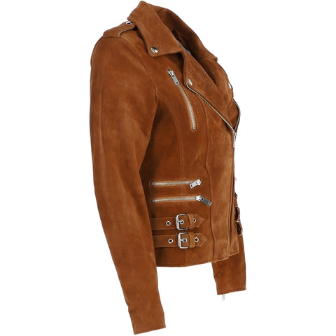 Brown Suede Biker Jacket for Women – Vintage Moto Style Leather Look Coat, Western Cowgirl Fall Outerwear with Zipper Details