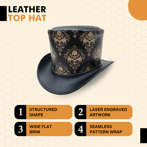 Mens Royal Skull Leather Top Hat Steampunk Gothic Engraved Damask Hat