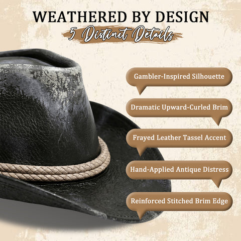 Premium Distressed Genuine Leather Cowboy Hat - Vintage Western Outlaw Gambler Hat Unisex