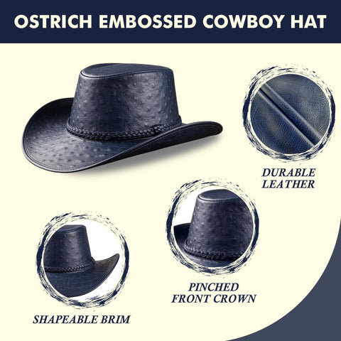 Blue Ostrich Embossed Leather Cowboy Hat Western Rodeo Ranch Wide Brim Country Festival Style Hat