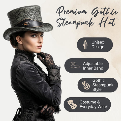 Premium Crocodile Embossed Leather Top Hat  Reptile Eye Steampunk Gothic Hat Unisex