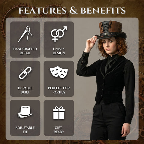 Handmade Black Brown Cowhide Top Hat Steampunk Gothic Corset Gear Rivet Festival Cosplay Unisex