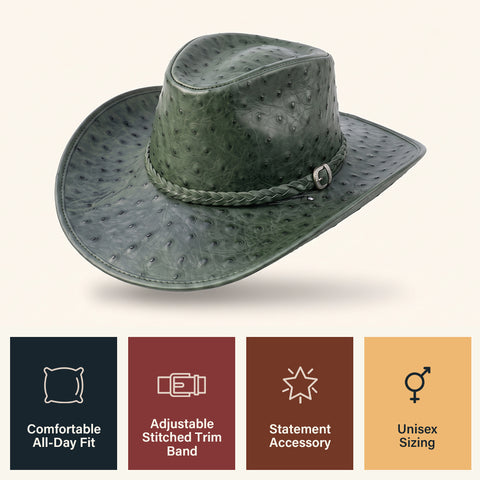 Green Ostrich Embossed Leather Cowboy Hat - Western Rodeo Wide Brim Hat