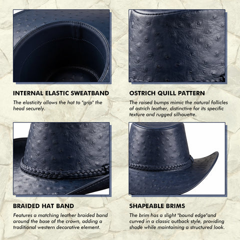 Blue Ostrich Embossed Leather Cowboy Hat Western Rodeo Ranch Wide Brim Country Festival Style Hat