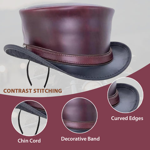 Maroon Black Leather Top Hat Steampunk Gothic Biker Handmade Cowhide Festival Cosplay Hat