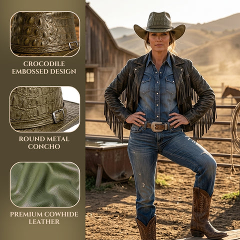 Crocodile Embossed Leather Cowboy Hat  Genuine Cowhide Retro Olive Green Western Outback Sun Hat with Silver Buckle for Men & Women