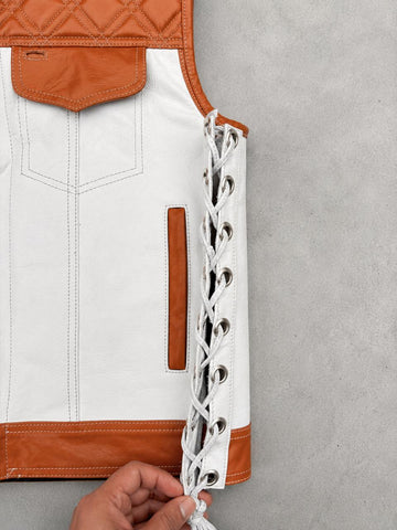 Men’s  Leather Motorcycle Vest  Two Tone Riding Waistcoat with Quilted Diamond Yoke and Adjustable Side Lacing