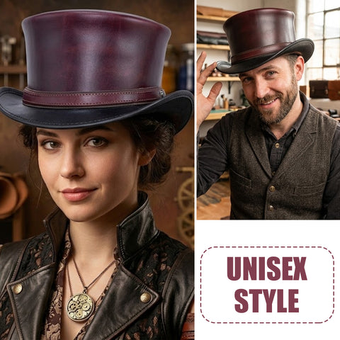 Handmade Maroon & Black Leather Top Hat Steampunk Gothic Leather Hat Gifts For Men Women Shapeable Brim