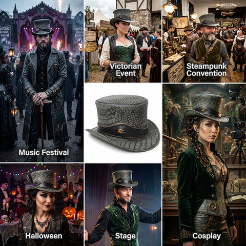 Premium Crocodile Embossed Leather Top Hat  Reptile Eye Steampunk Gothic Hat Unisex