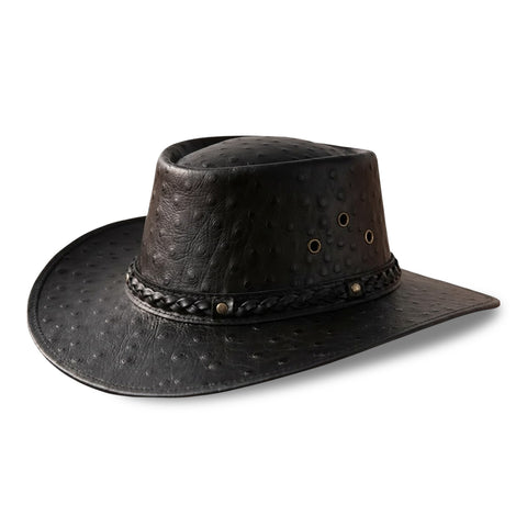 Black Ostrich Embossed Leather Cowboy Hat Western Outback Wide Brim Braided Band Rodeo Ranch Hat