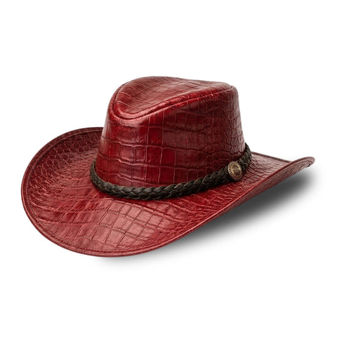 Crocodile Embossed Leather Cowboy Hat  Genuine Cowhide Maroon Retro Western Outback Sun Hat with Braided Metal Concho Band Unisex