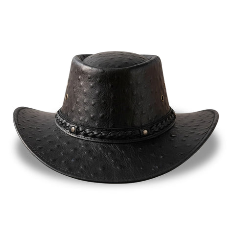 Black Ostrich Embossed Leather Cowboy Hat Western Outback Wide Brim Braided Band Rodeo Ranch Hat