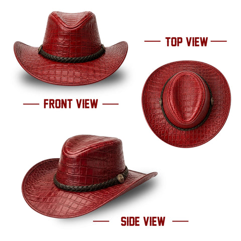 Crocodile Embossed Leather Cowboy Hat  Genuine Cowhide Maroon Retro Western Outback Sun Hat with Braided Metal Concho Band Unisex