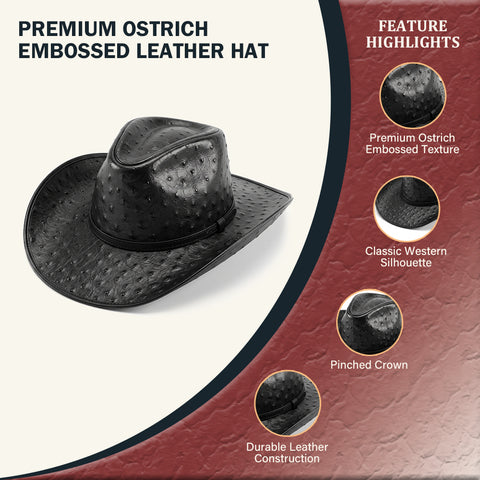 Ostrich Embossed Leather Cowboy Hat Western Rodeo Ranch Wide Brim Country Festival Style