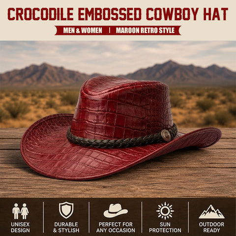 Crocodile Embossed Leather Cowboy Hat  Genuine Cowhide Maroon Retro Western Outback Sun Hat with Braided Metal Concho Band Unisex
