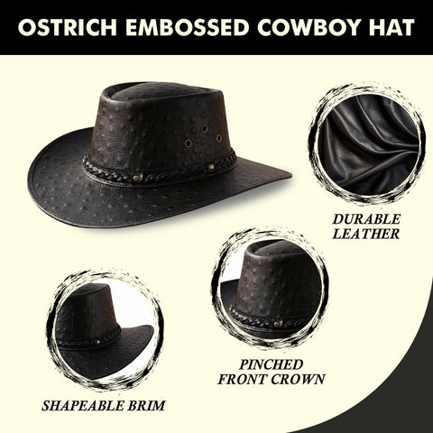 Black Ostrich Embossed Leather Cowboy Hat Western Outback Wide Brim Braided Band Rodeo Ranch Hat