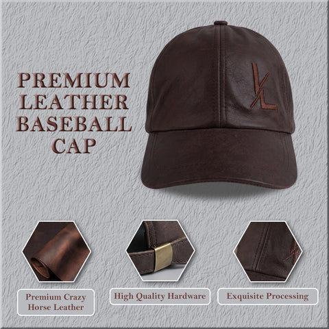 Premium Unisex Crazy Horse Leather Baseball Cap  Adjustable Strapback Dad Hat with Embroidered Logo and Breathable Lining