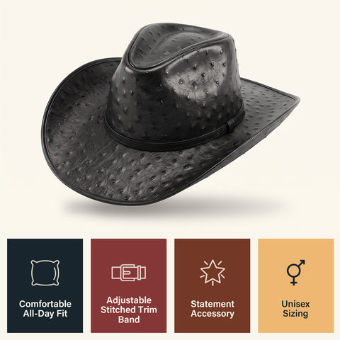 Ostrich Embossed Leather Cowboy Hat Western Rodeo Ranch Wide Brim Country Festival Style