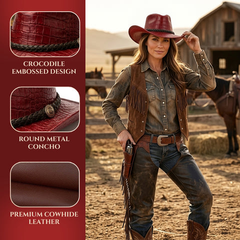 Crocodile Embossed Leather Cowboy Hat  Genuine Cowhide Maroon Retro Western Outback Sun Hat with Braided Metal Concho Band Unisex