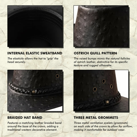Black Ostrich Embossed Leather Cowboy Hat Western Outback Wide Brim Braided Band Rodeo Ranch Hat