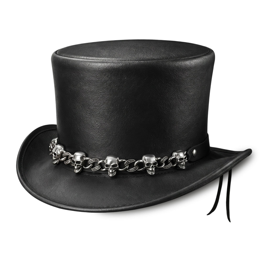 Leather Skull Chain Top Hat Steampunk Gothic Biker Handmade Cowhide Festival Cosplay Hat