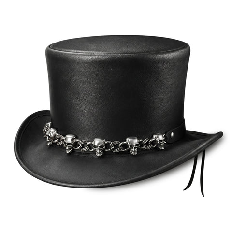 Leather Skull Chain Top Hat Steampunk Gothic Biker Handmade Cowhide Festival Cosplay Hat