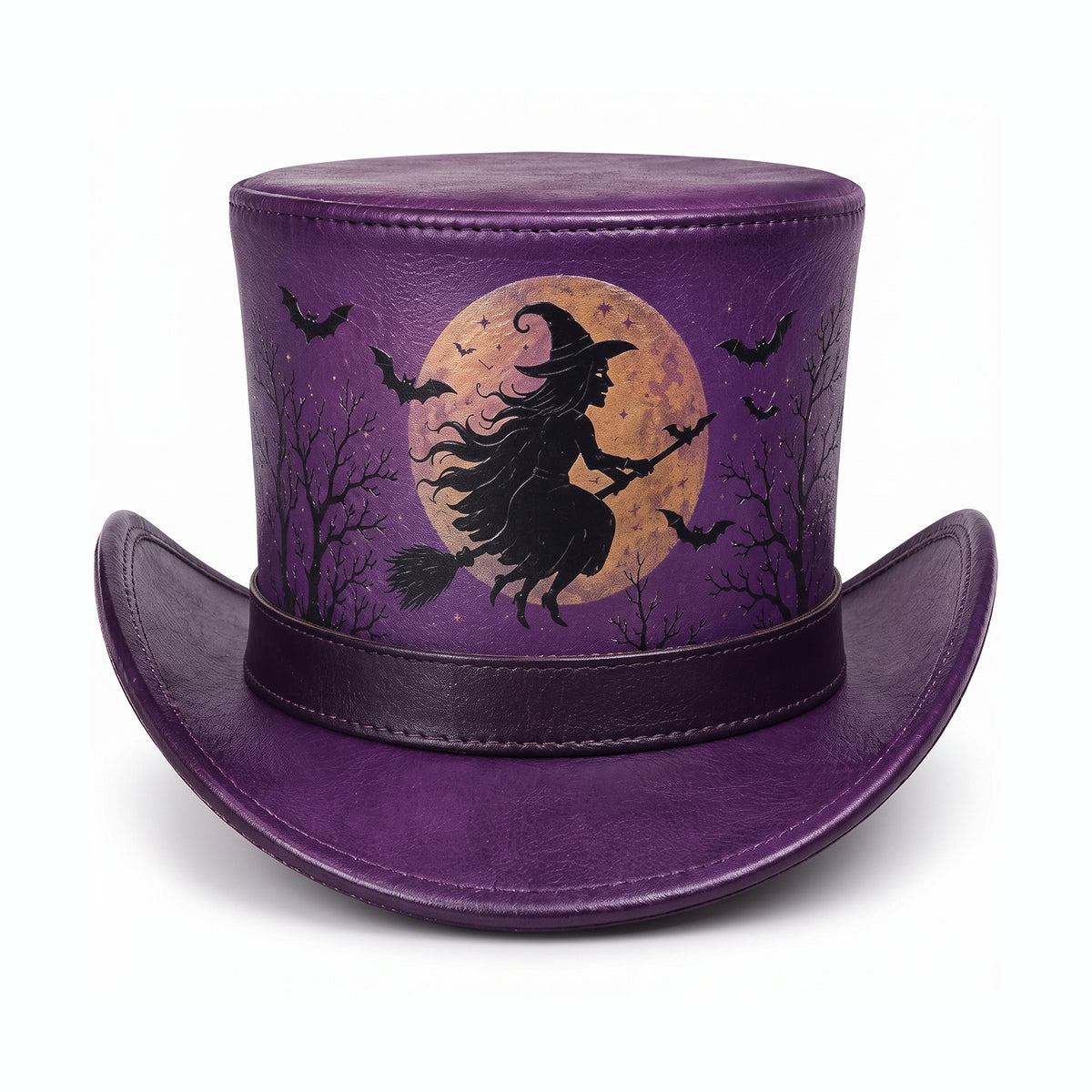 Purple Halloween Leather Top Hat – Spooky Flying Witch, Full Moon, And Bats Design For Costumes, Cosplay, And Party Apparel