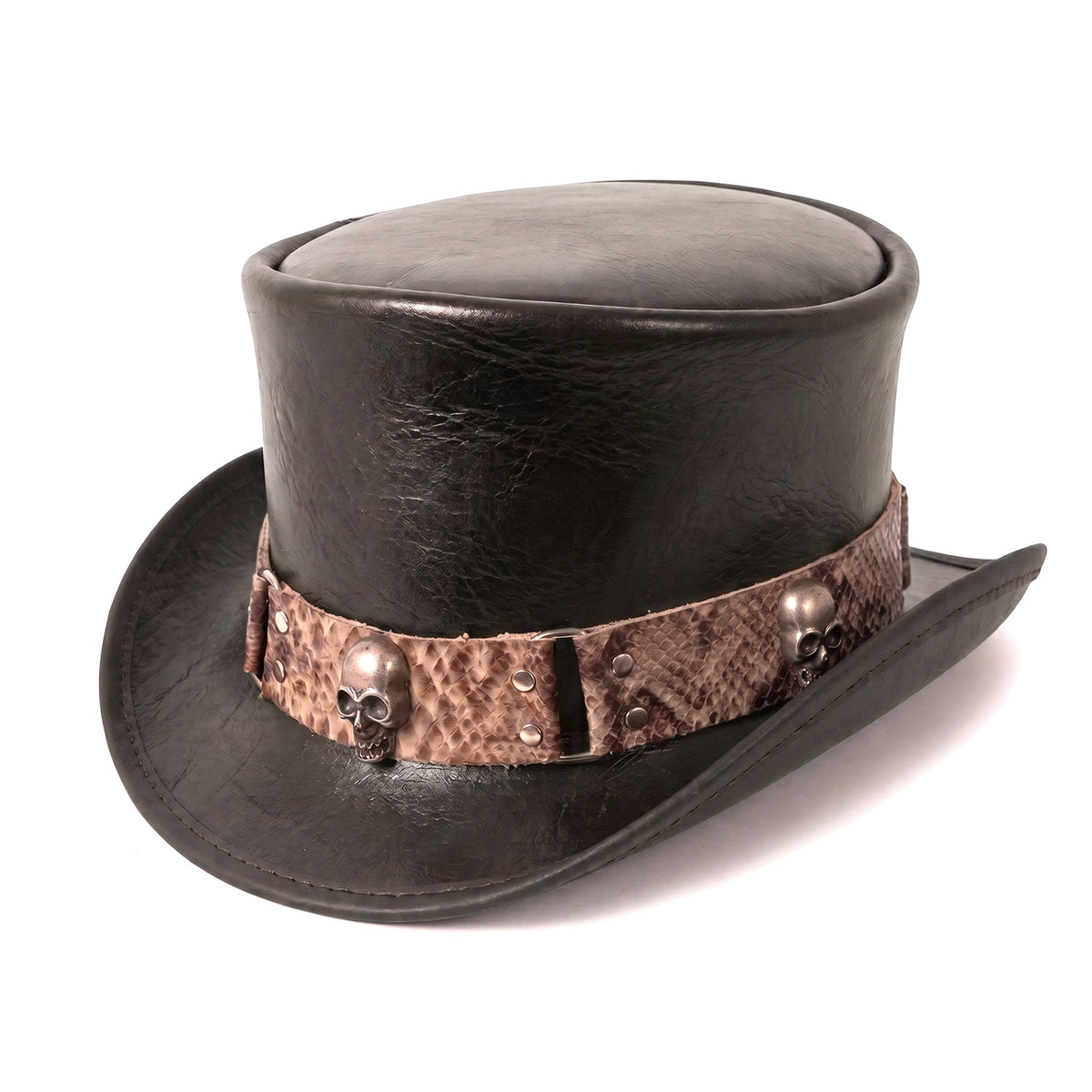 Handmade Cowhide Top Hat Skull Studs Steampunk Gothic Biker Pencil Roll Brim Festival Unisex
