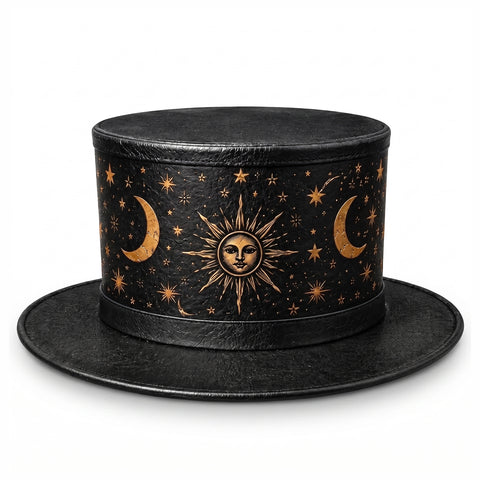 Celestial Sun and Moon Leather Top Hat - Steampunk Gothic Costume Hat