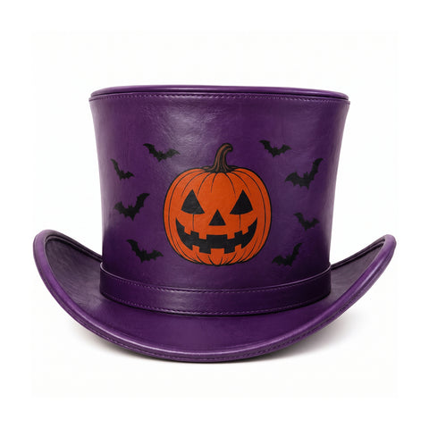 Purple Halloween Leather Top Hat – Spooky Pumpkin And Bats Design For Costumes, Cosplay, And Party Apparel