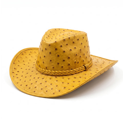 Mustard Yellow Ostrich Embossed Leather Cowboy Hat - Western Rodeo Wide Brim Hat