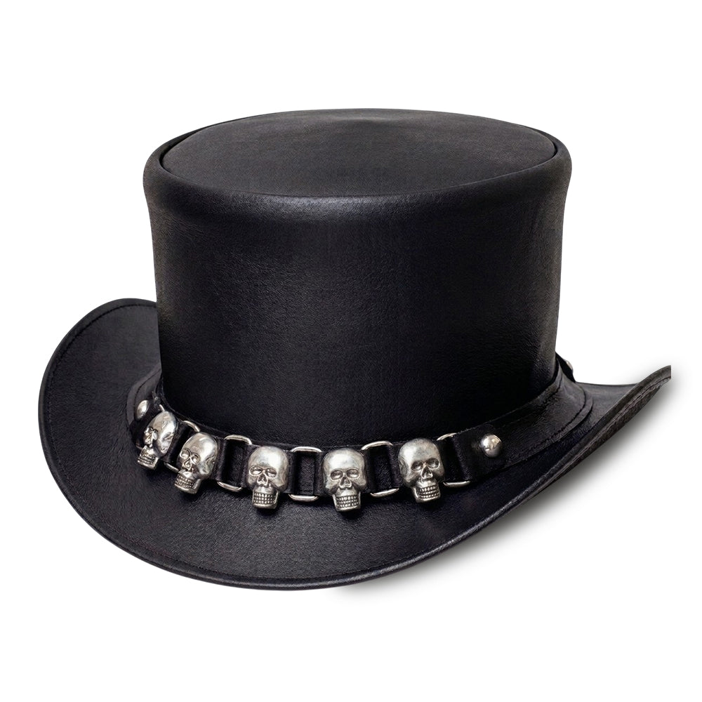 Leather Top Hat with Silver Skull Chain Band Steampunk Gothic Biker Unisex Structured Dress Hat for Cosplay