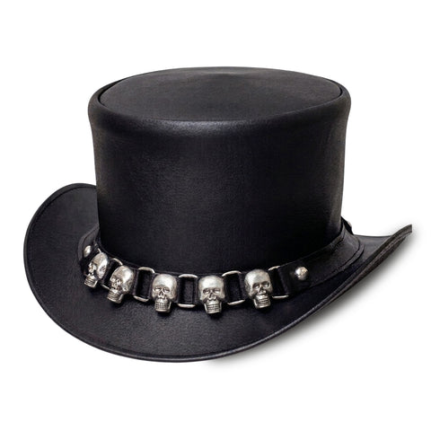 Leather Top Hat with Silver Skull Chain Band Steampunk Gothic Biker Unisex Structured Dress Hat for Cosplay